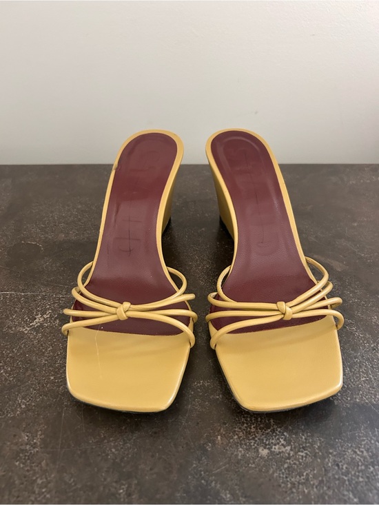 STAUD Shoes - STAUD Yellow Knotted Strappy Slide Heels with Burgundy Insole